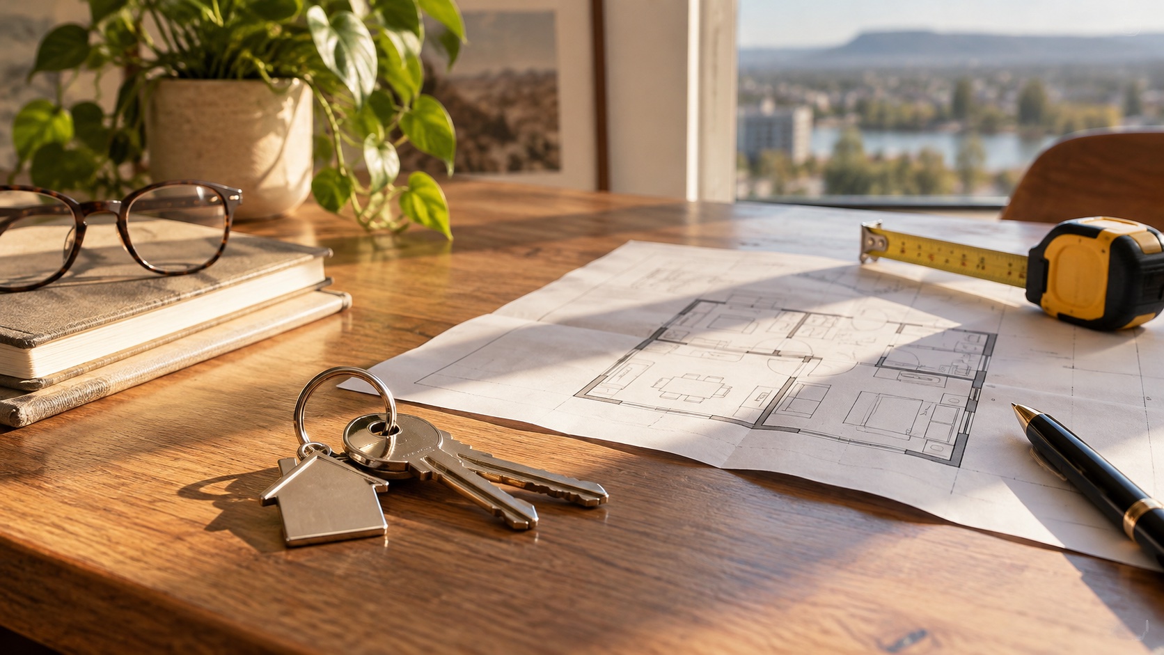 Llaves y un plano sobre una mesa: ilustración sobre el mercado inmobiliario